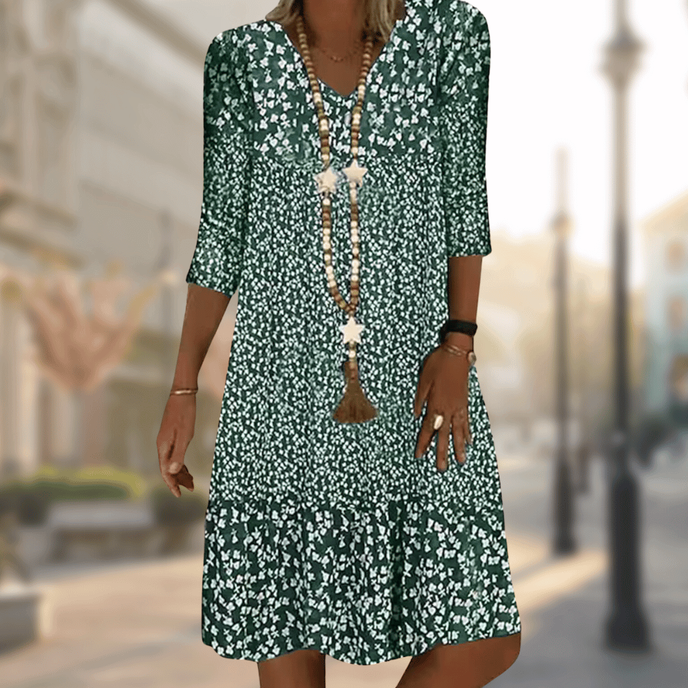 Rosalind - Women's Floral Print 3/4 Sleeve A-Line Dress