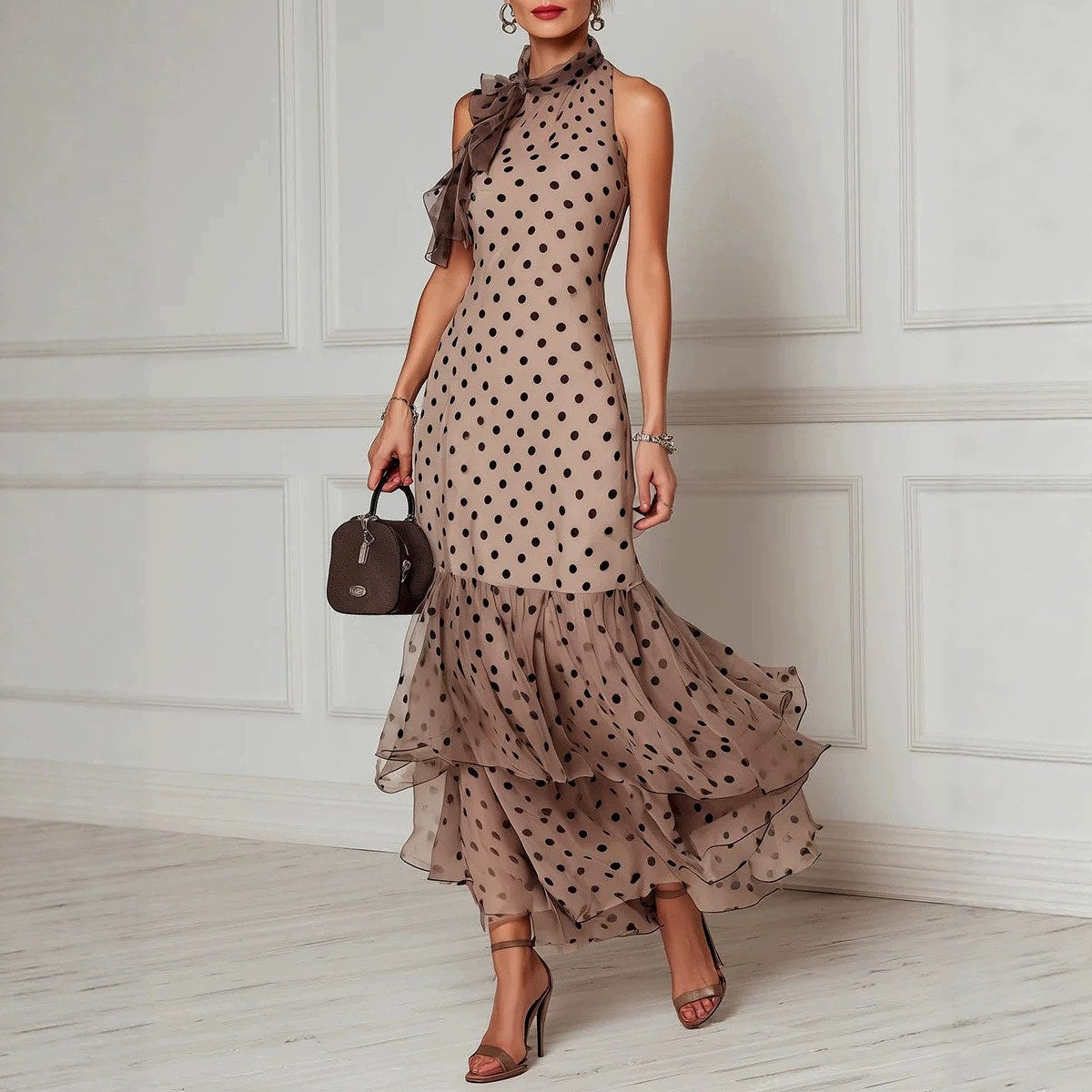Rose - Women's Polka Dot Sleeveless Dress with Tie Neckline