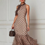 Rose - Women's Polka Dot Sleeveless Dress with Tie Neckline