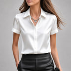 Rosette - Women's Satin Button-Front Short Sleeves Blouse 