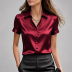 Rosette - Women's Satin Button-Front Short Sleeves Blouse 