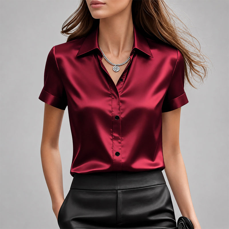 Rosette - Women's Satin Button-Front Short Sleeves Blouse 