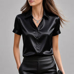 Rosette - Women's Satin Button-Front Short Sleeves Blouse 