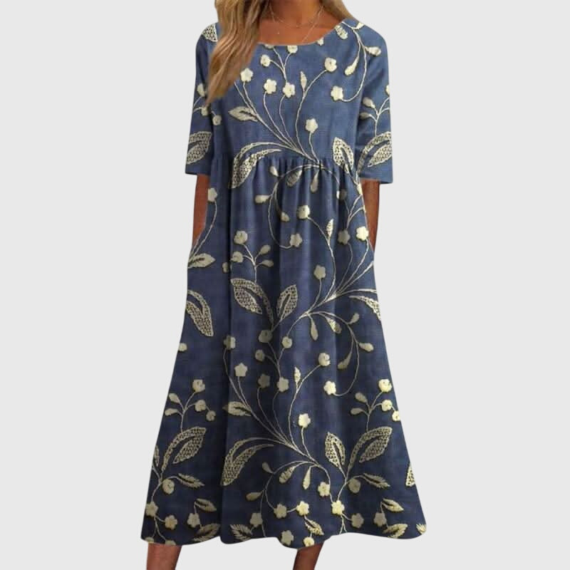 Ruby - Women's Floral A-Line Dress with Three-Quarter Sleeves