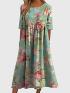 Ruby - Women's Floral A-Line Dress with Three-Quarter Sleeves