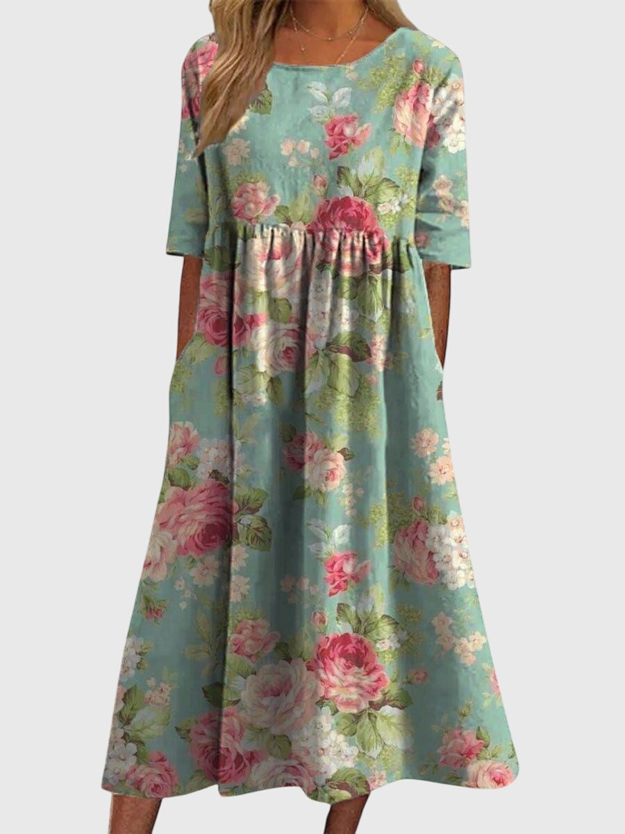 Ruby - Women's Floral A-Line Dress with Three-Quarter Sleeves