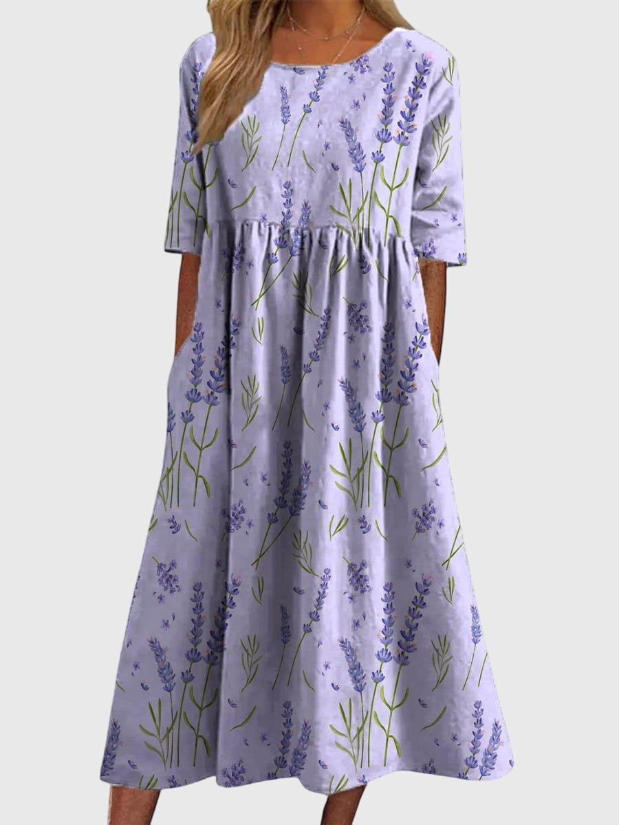 Ruby - Women's Floral A-Line Dress with Three-Quarter Sleeves