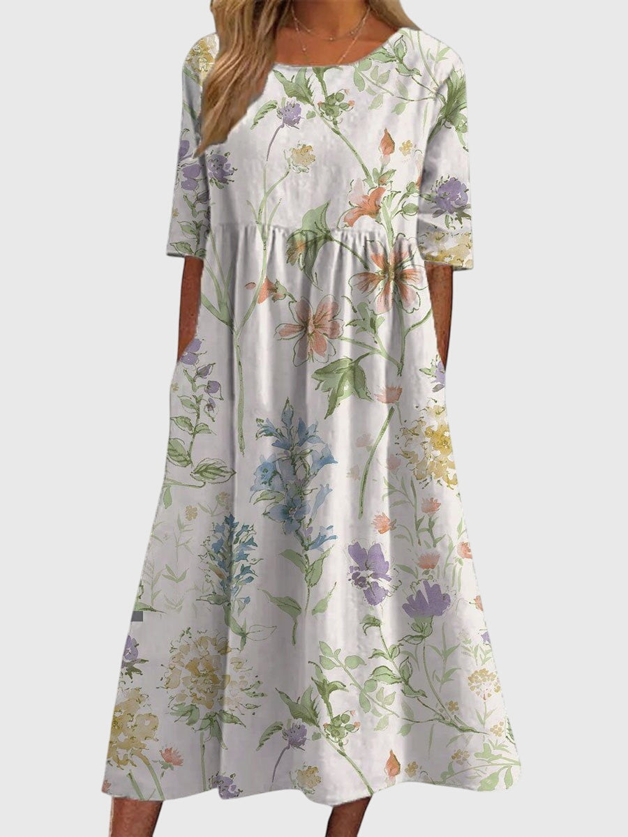 Ruby - Women's Floral A-Line Dress with Three-Quarter Sleeves