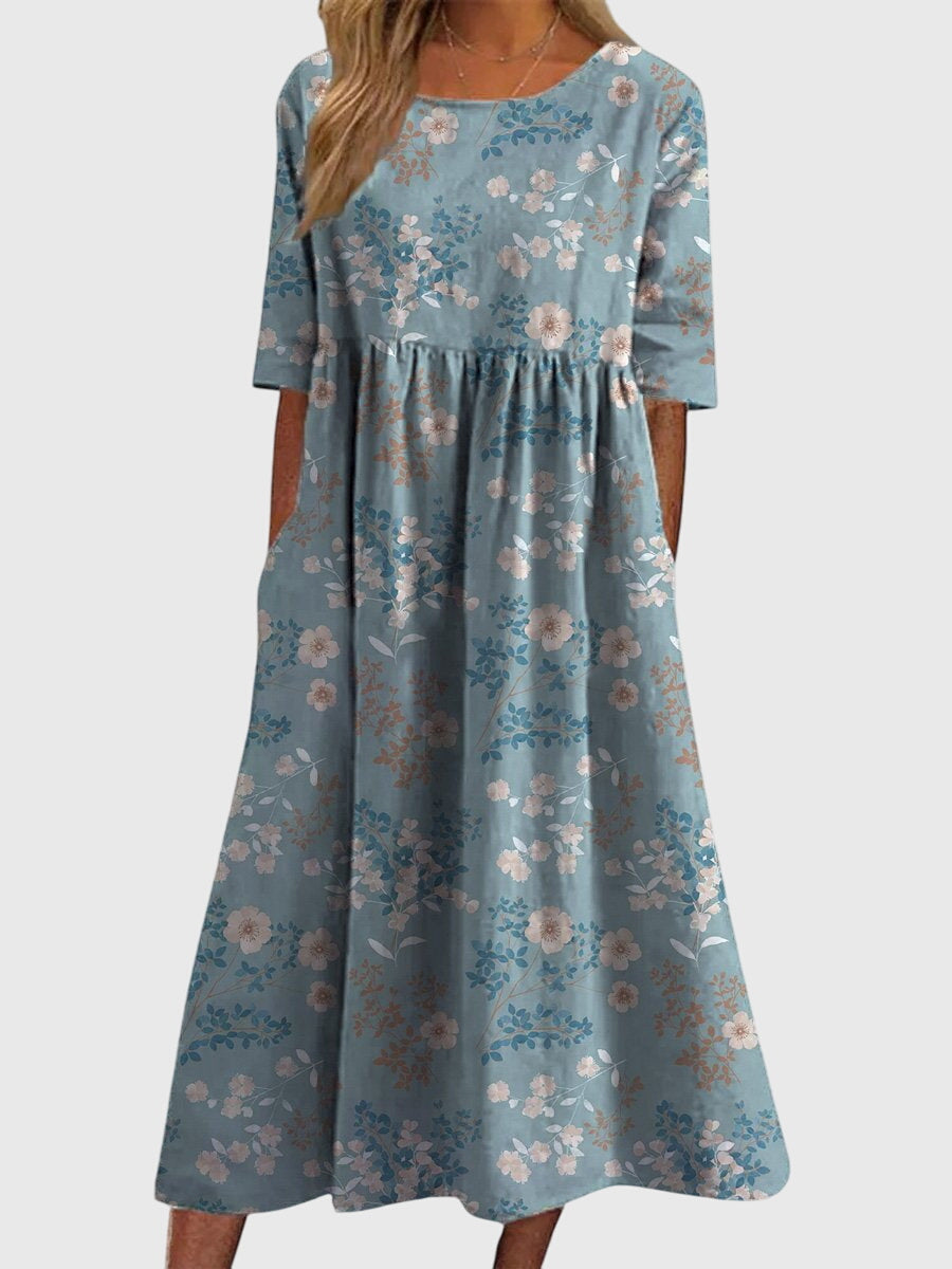 Ruby - Women's Floral A-Line Dress with Three-Quarter Sleeves