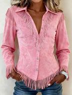 Rylie - Women's Faux Suede Button-Front Fringe Shirt