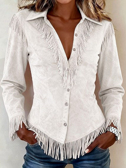 Rylie - Women's Faux Suede Button-Front Fringe Shirt