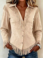 Rylie - Women's Faux Suede Button-Front Fringe Shirt