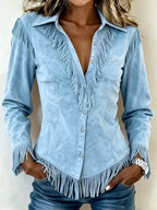 Rylie - Women's Faux Suede Button-Front Fringe Shirt