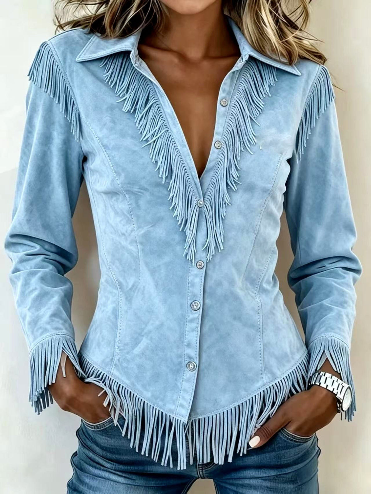 Rylie - Women's Faux Suede Button-Front Fringe Shirt