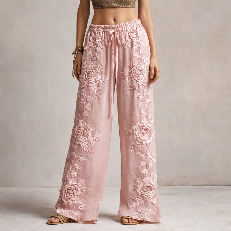 Sadie - Women's Floral Embroidered Wide-Leg Pants