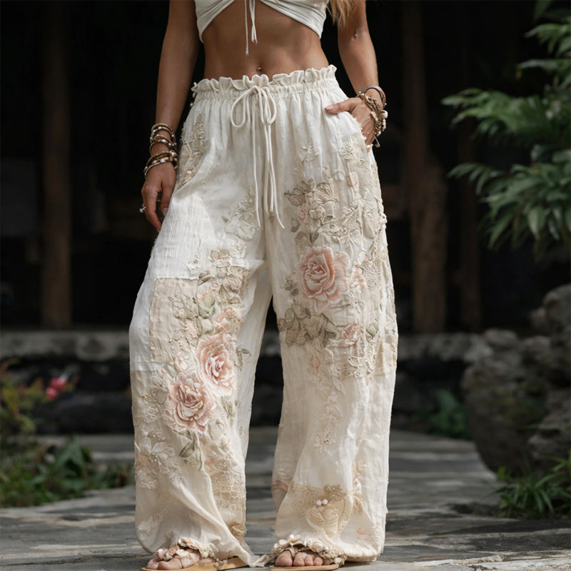 Sadie - Women's Floral Embroidered Wide-Leg Pants