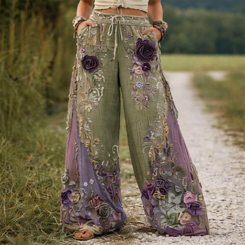 Sadie - Women's Floral Embroidered Wide-Leg Pants