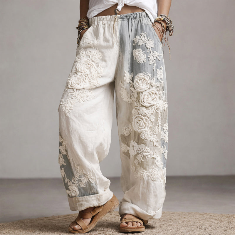 Sadie - Women's Floral Embroidered Wide-Leg Pants