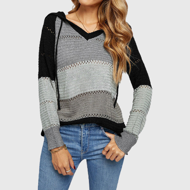 Sage - Women's Colorblock Hooded Sweater with Drawstring