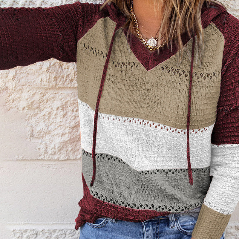 Sage - Women's Colorblock Hooded Sweater with Drawstring