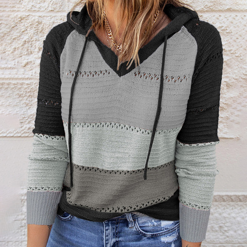 Sage - Women's Colorblock Hooded Sweater with Drawstring