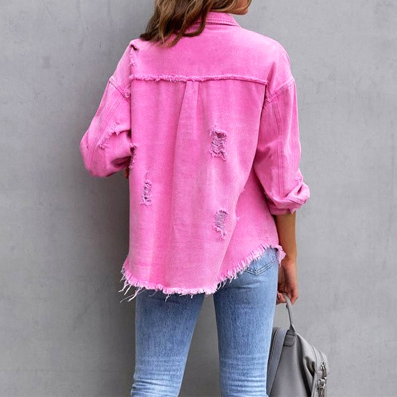 Saige - Women's Distressed Button-Front Jacket