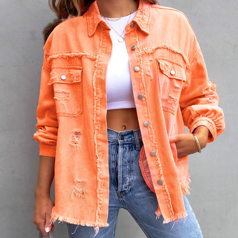 Saige - Women's Distressed Button-Front Jacket