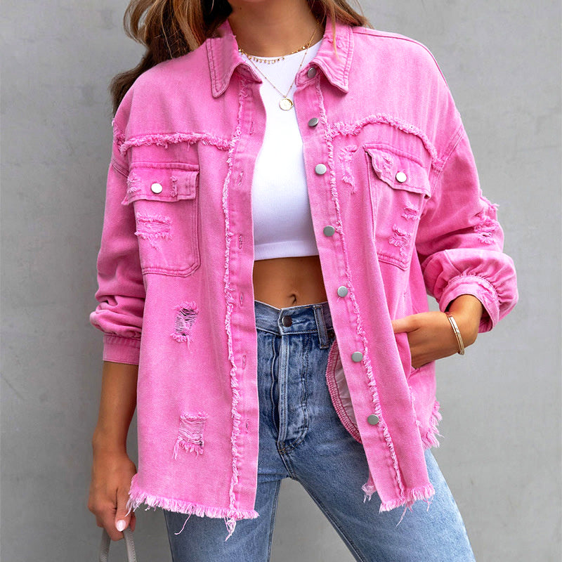 Saige - Women's Distressed Button-Front Jacket