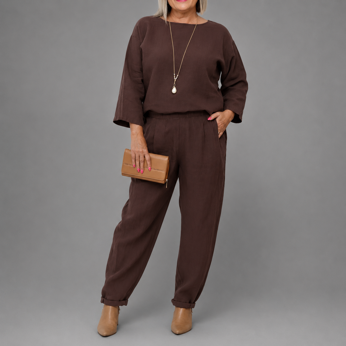 Samantha - Women's Round Neck 3/4 Sleeve Two-Piece Set