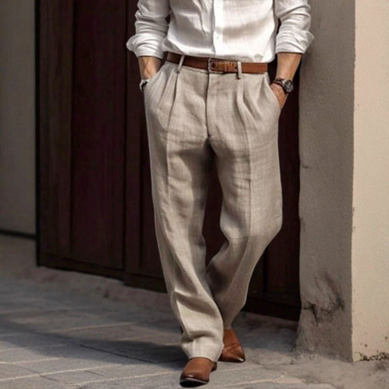 Sawyer - Men's Pleated Linen Trousers with Mid-Rise Waist