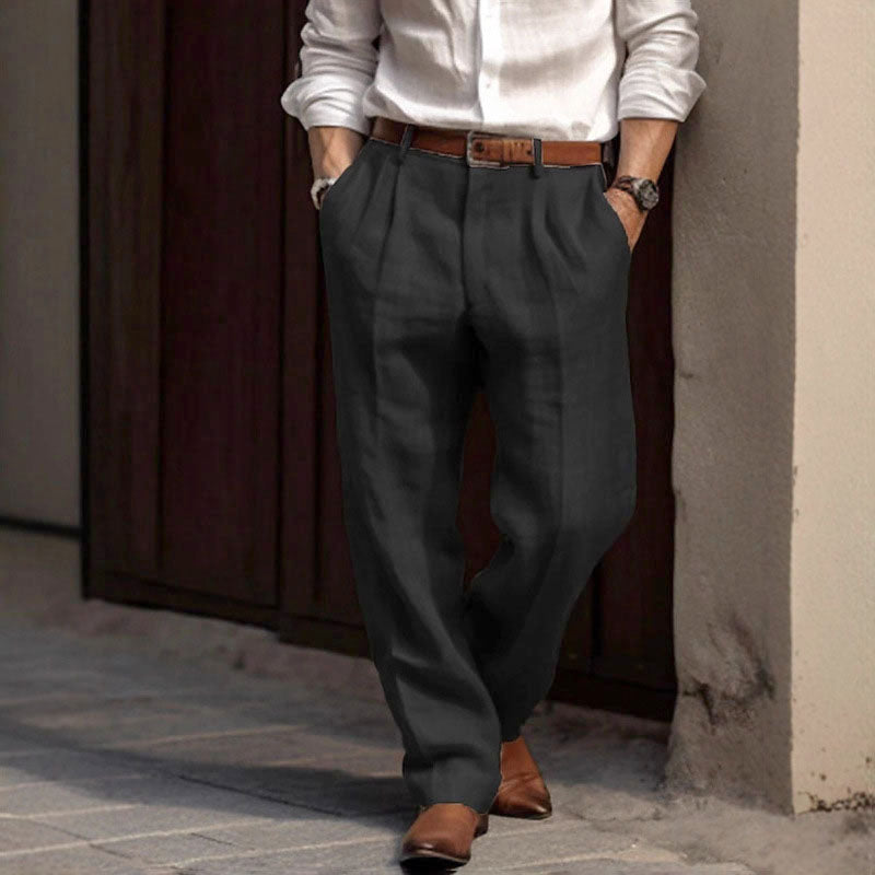Sawyer - Men's Pleated Linen Trousers with Mid-Rise Waist