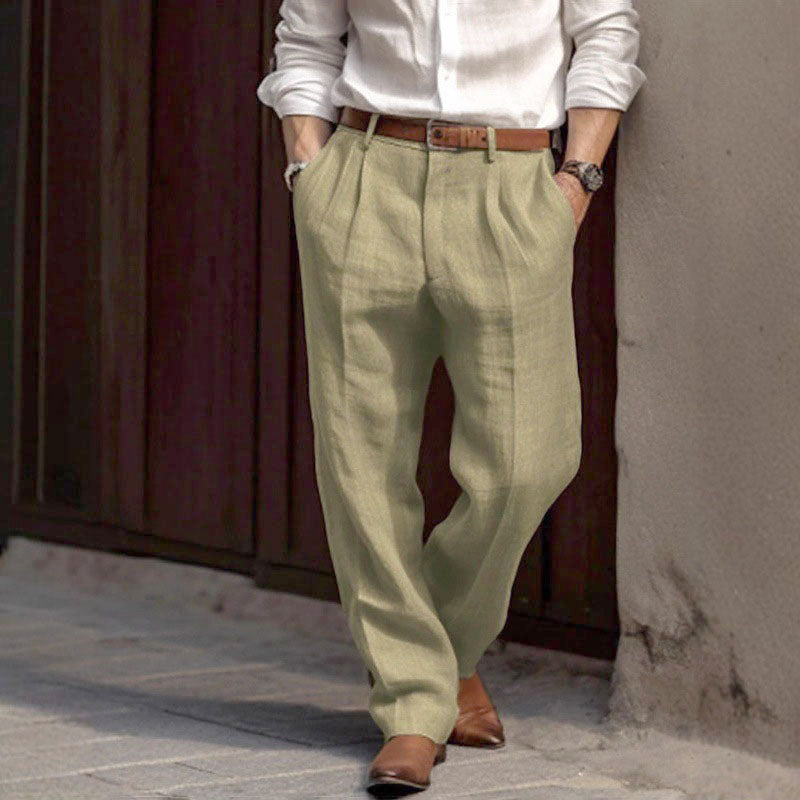 Sawyer - Men's Pleated Linen Trousers with Mid-Rise Waist