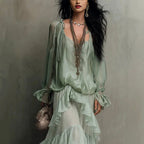 Sheena - Women's V-Neck Tiered Ruffle Dress
