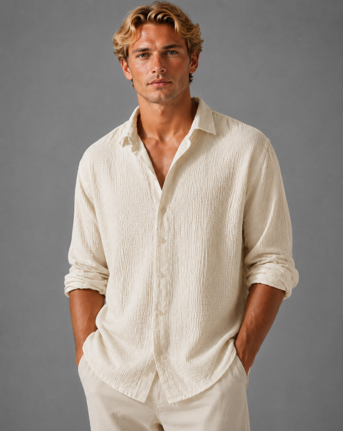 Simon - Men's Textured Linen Button-Up Shirt