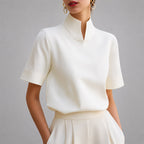Stacey - Women's V-Cut Mock Neck Short-Sleeve Blouse
