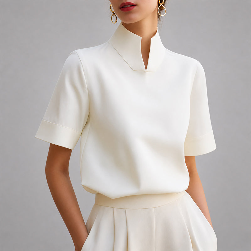 Stacey - Women's V-Cut Mock Neck Short-Sleeve Blouse