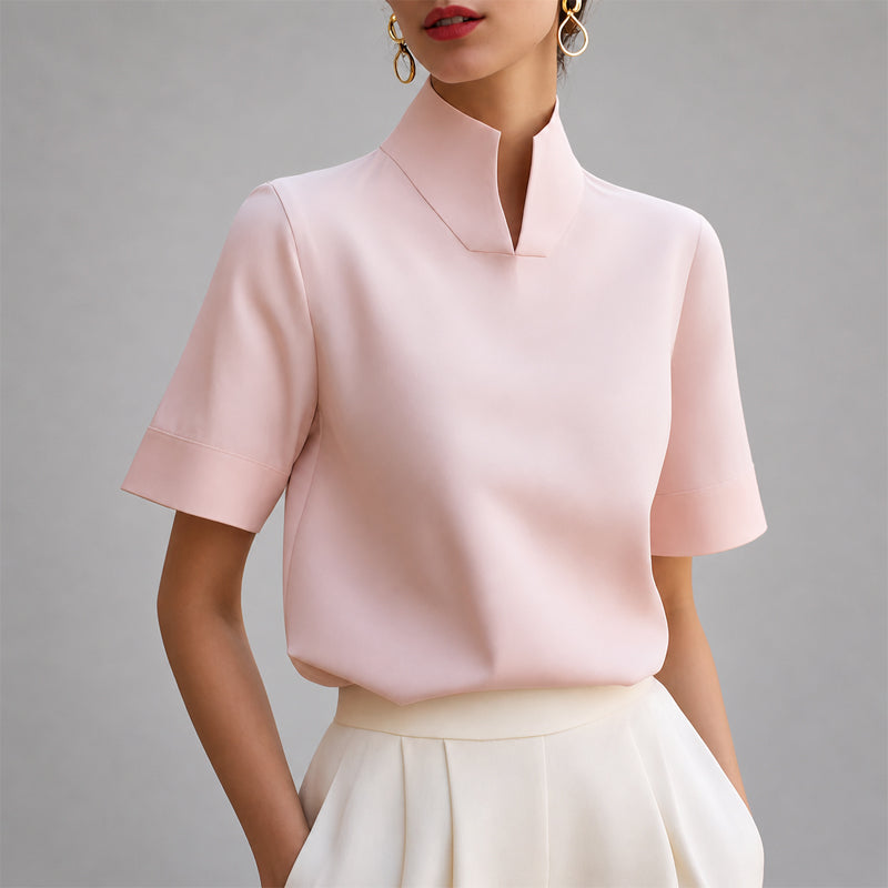 Stacey - Women's V-Cut Mock Neck Short-Sleeve Blouse