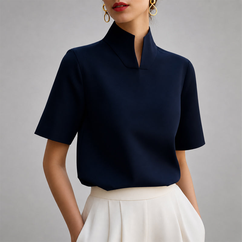 Stacey - Women's V-Cut Mock Neck Short-Sleeve Blouse