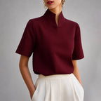 Stacey - Women's V-Cut Mock Neck Short-Sleeve Blouse