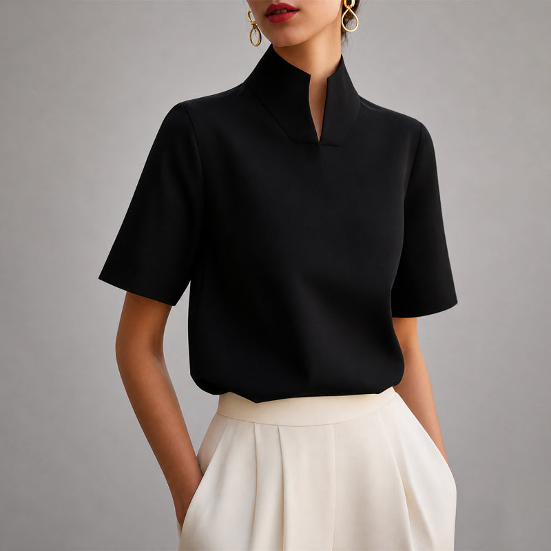 Stacey - Women's V-Cut Mock Neck Short-Sleeve Blouse