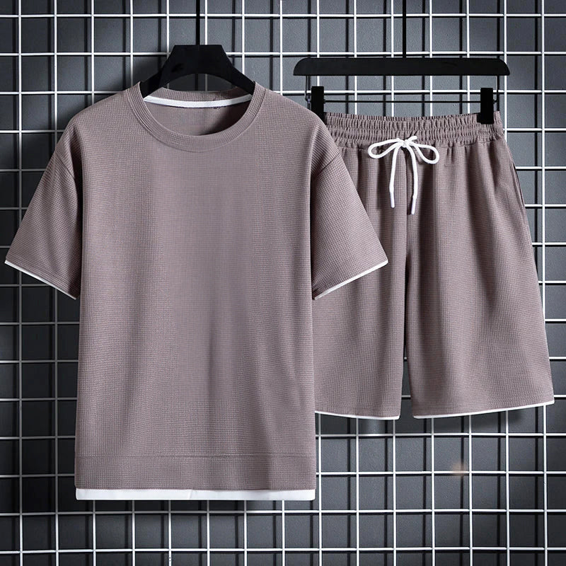 Tanner - Men's Textured Waffle Knit T-Shirt and Shorts Set
