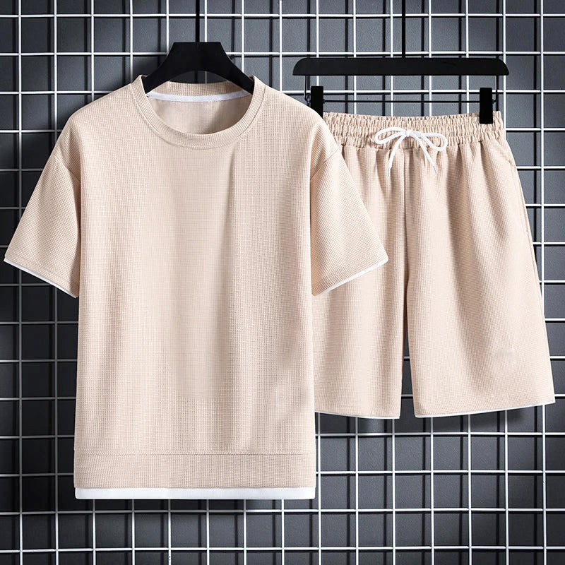 Tanner - Men's Textured Waffle Knit T-Shirt and Shorts Set