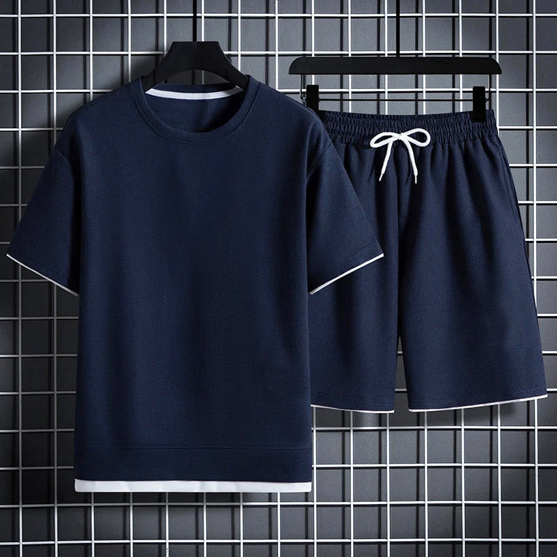 Tanner - Men's Textured Waffle Knit T-Shirt and Shorts Set