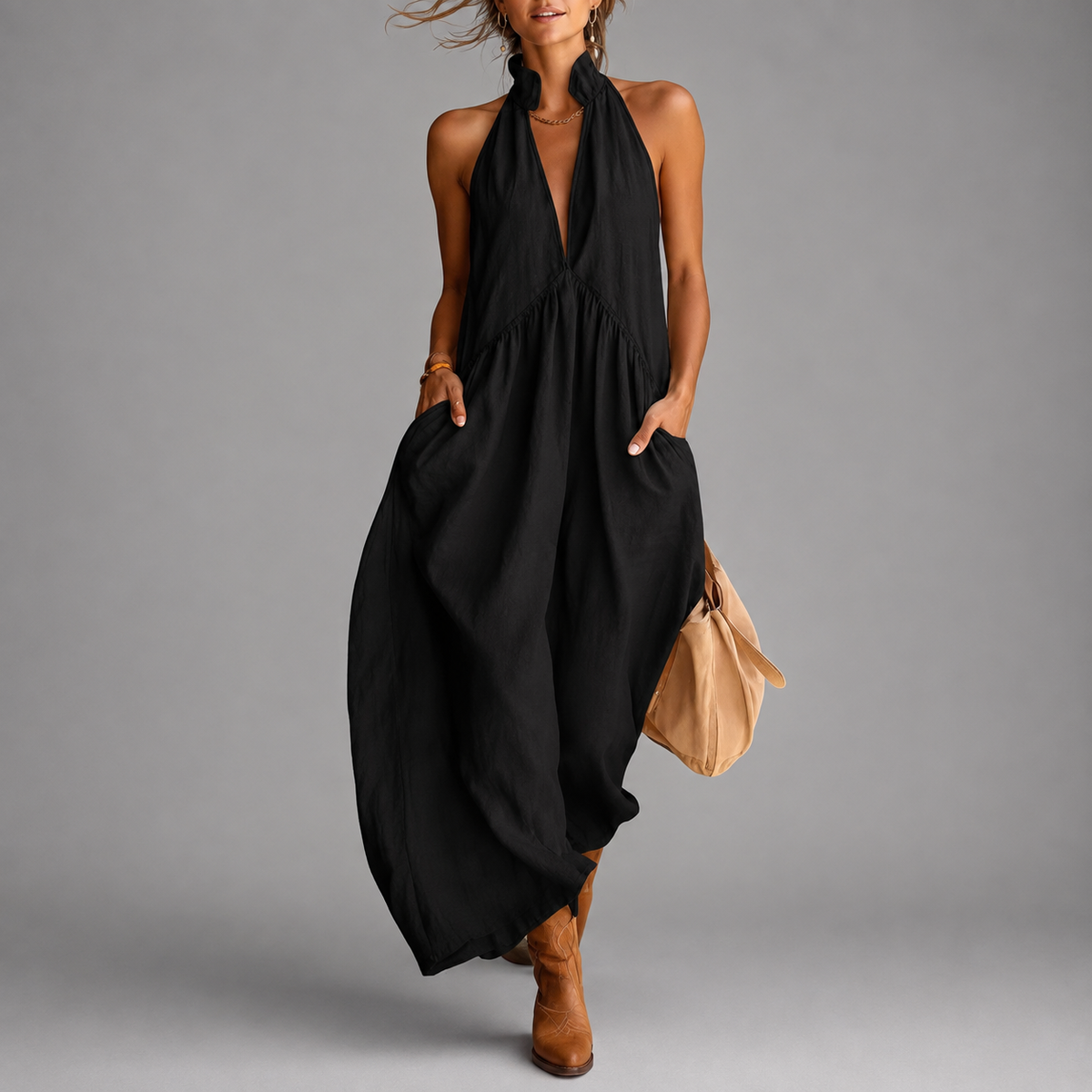 Taylor - Women's Halter V-Neck Dress with Irregular Hem