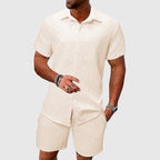 Terrence - Men's Geometric Textured Button-Up Shirt and Shorts Set