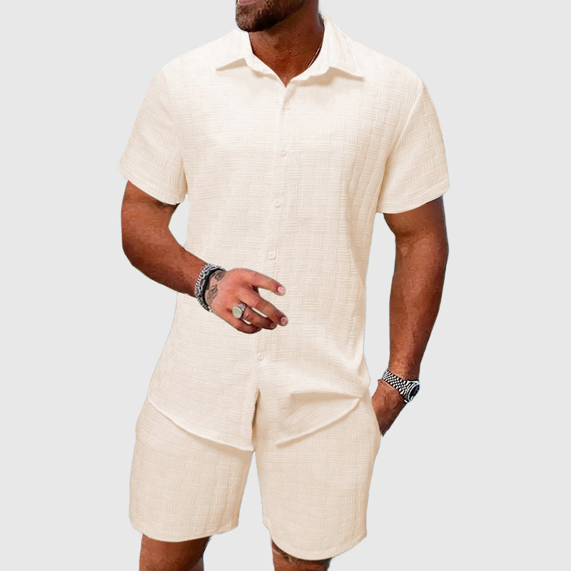 Terrence - Men's Geometric Textured Button-Up Shirt and Shorts Set