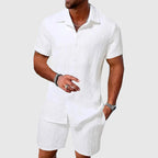 Terrence - Men's Geometric Textured Button-Up Shirt and Shorts Set