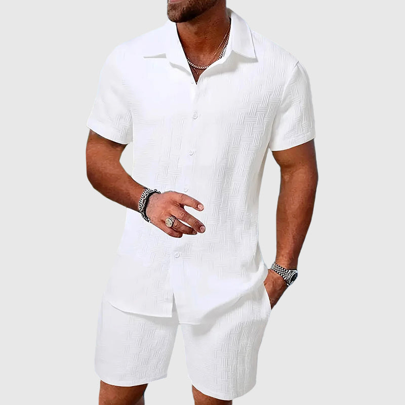 Terrence - Men's Geometric Textured Button-Up Shirt and Shorts Set