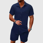 Terrence - Men's Geometric Textured Button-Up Shirt and Shorts Set
