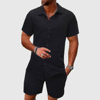 Terrence - Men's Geometric Textured Button-Up Shirt and Shorts Set